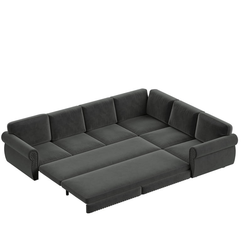 118" L-Shaped Convertible Sleeper Couch Bed, Chenille Upholstered Sectional Sofa with Pull-Out Sofa Bed, Modern Chesterfield Sofa for Living Room