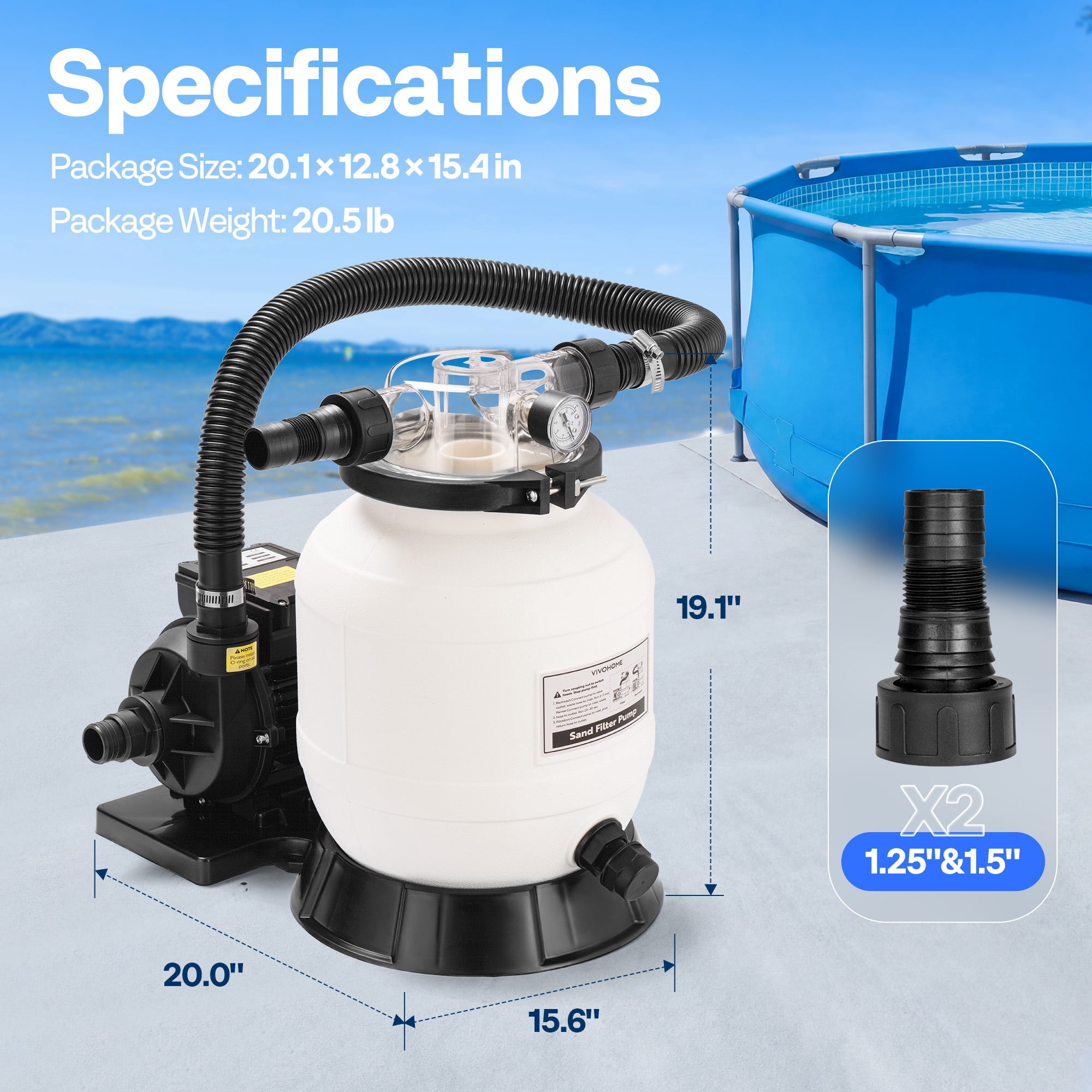 VIVOHOME 10" Sand Filter Pump 2087 GPH for Above Ground Pools up to 4,600 Gallons, with 22 lb Sand Capacity, Heavy-Duty Rust-Resistant Housing