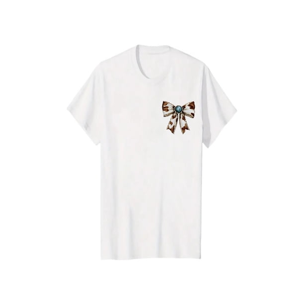 Camiseta de manga corta con cuello redondo y estampado de lazo turquesa estilo western para mujer, ideal como regalo para mamá, estilo vaquera.