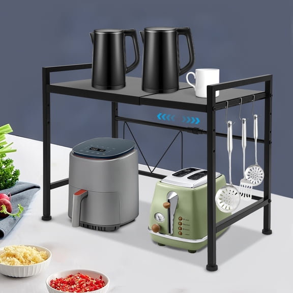 2 Tiers Microwave Shelf Microwave stand with 3 Hooks Expandable Microwave Rack