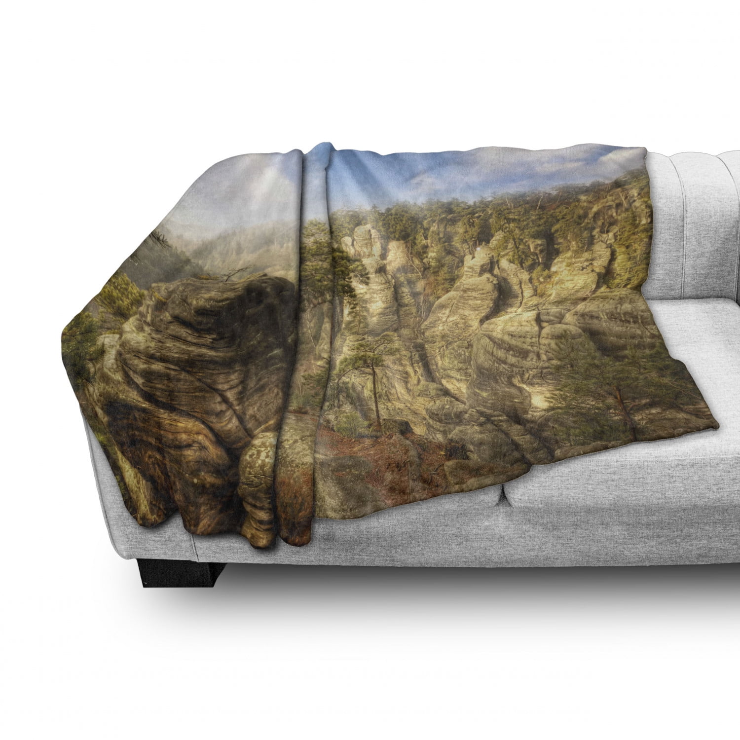 Ambesonne Nature Soft Flannel Fleece Throw Blanket Olive Green Sky Blue 60 x 80 Cozy Plush for Indoor and Outdoor Use Wonders of The World National Park Rock Formation Czech Image 
