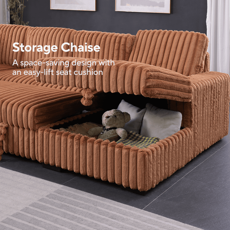 Oversized 122" U-Shaped Sectional Sleeper Sofa Bed with Pull-Out Bed,Storage Chaise,Rabbit Plush,7-Seat, Orange