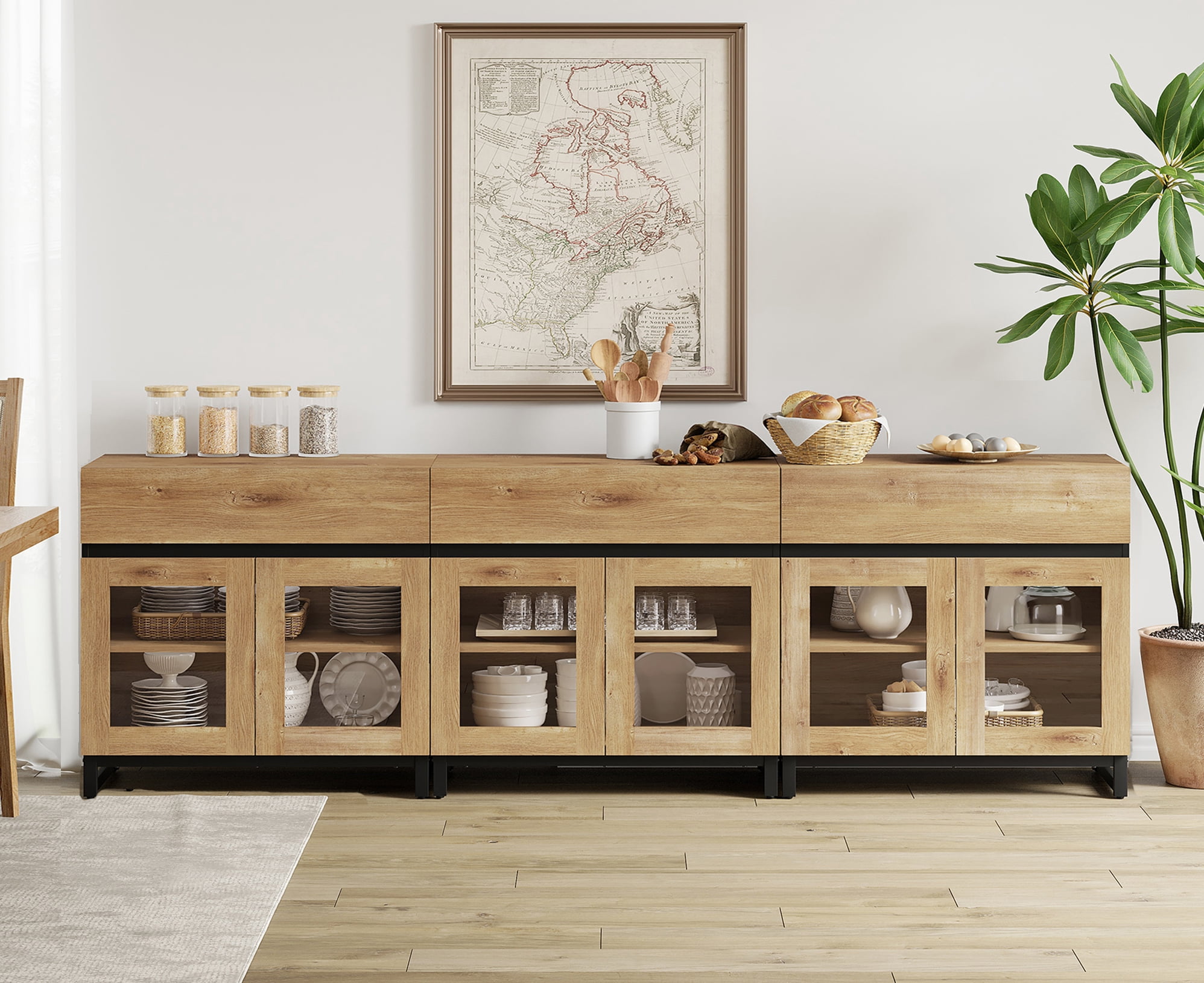 WAMPAT 94.5" Multifunctional Modern Sideboard Buffet Cabinet with 6 Glass Doors & 3 Drawers, Credenza & Coffee Bar Storage Cabinet for Living Room & Kitchen
