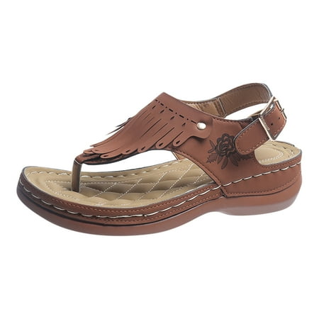 CHOII Clearance Summer Ladies Fashion Wedge Platform Fringe Sandals Women s Shoes Thick-soled Flip-flops Made of PU Material Loop Elastic Band Ankle Strap Sandals Brown/9