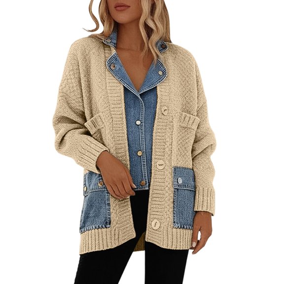 PMVFHDE Women's Fashion Casual Two-piece Pocket Loose Knit Sweater, Mid Length Sweater Jacket, Cardigan Khaki,One Size
