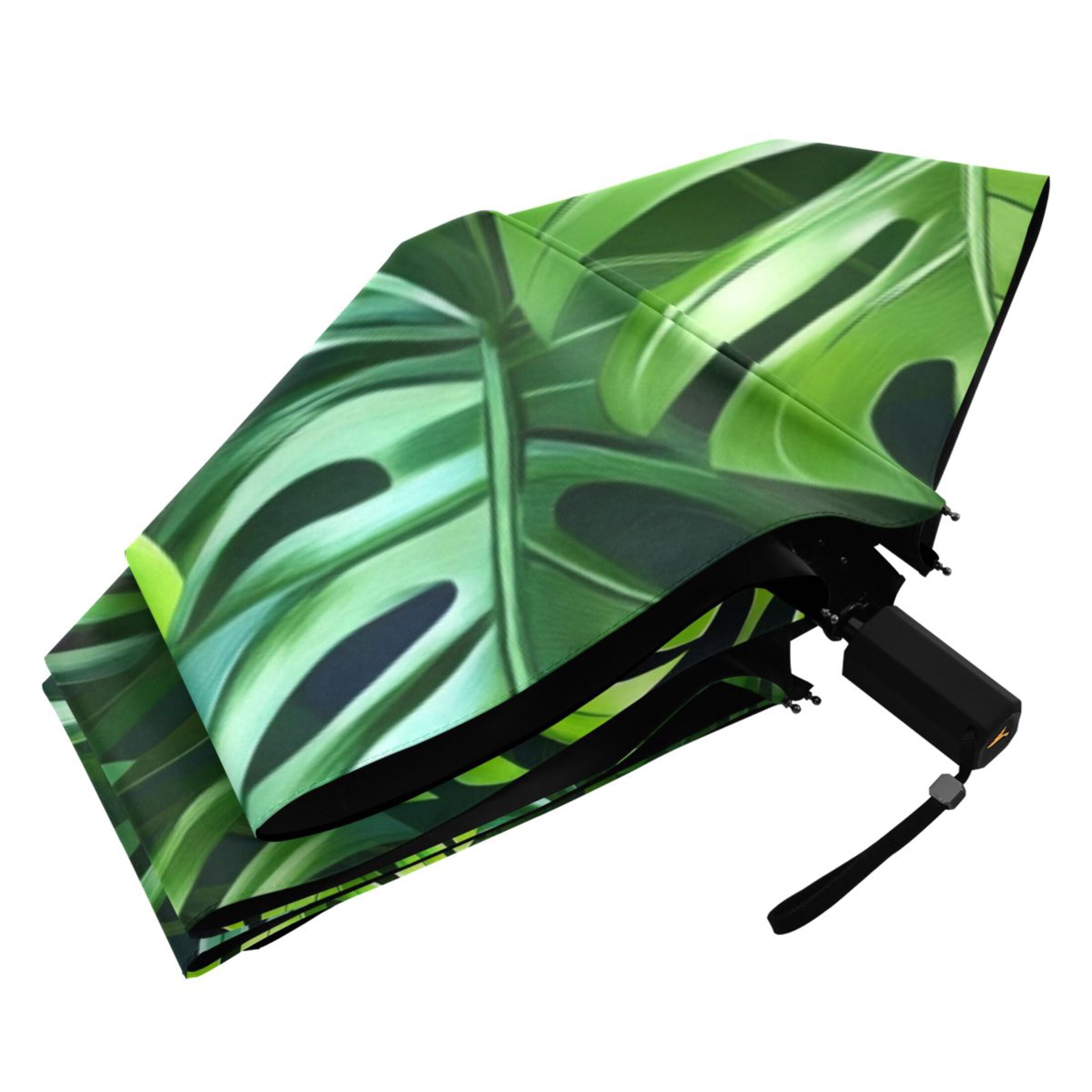 Green Tropical Leaves All Weather Umbrella Triple Folding Parasol 6 Ribs UV Protection Portable