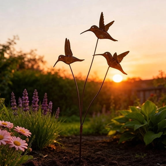 Rust Metal Hummingbird Garden Stake Set of 3, Outdoor Yard Art Metal Bird Ornament, Decorative Plants Pick for Garden, Patio, Lawn & Flower Pot