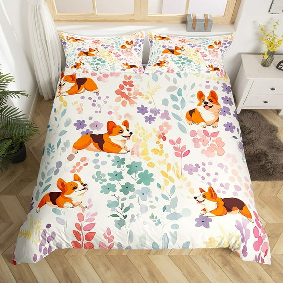 YST Cute Corgi Queen Duvet Cover,Rainbow Flower Dog Kawaii Bedding Set Corgi Lovers Gifts for Kids Girls Boys,Colorful Floral Leaf Bed Set Animal Print Duvet Cover 3Pcs (No Comforter)