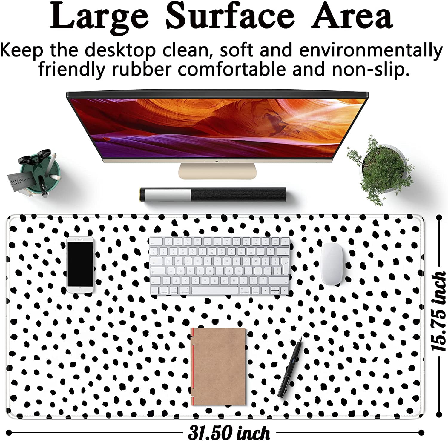 Boho Desk Mat, Polka Dot Large Mouse Pad Desk Pad Boho Desk Accessories for Women Office Decor, XXL Mousepad Long Laptop Keyboard Mouse Mat 31.5''''X15.7'''' Non-Slip Rubber Base with Stitched Edges