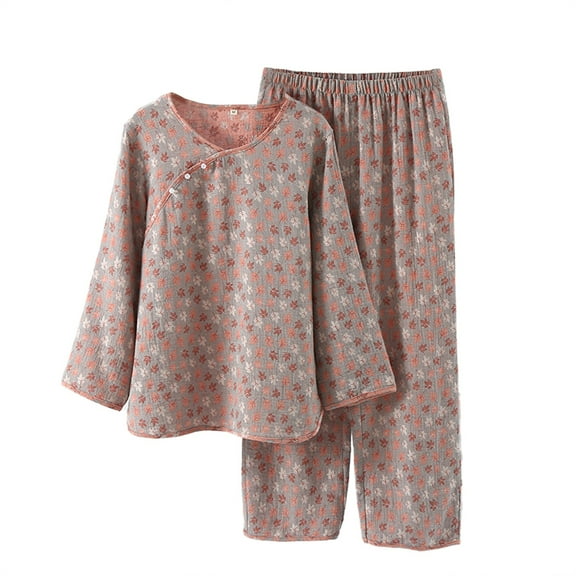 VISALY Women Pajama Sets Cotton Lounge Set Collar Pearl Buckle Pajama Set Thin 3/4 Length Sleeve Shirts Crewneck Pullover Wide Len Pants for Middle and Elderly Women Soft Outwear Grey L