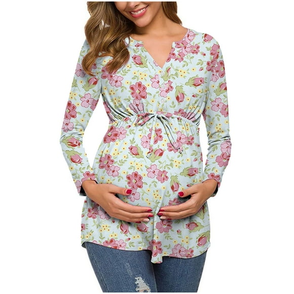 Summer clearance saving!zanvin maternity gift Ladies Fashion Flowers Leaf Print Long Sleeve Waistband Maternity Breastfeeding Clothe Top ,gift for her