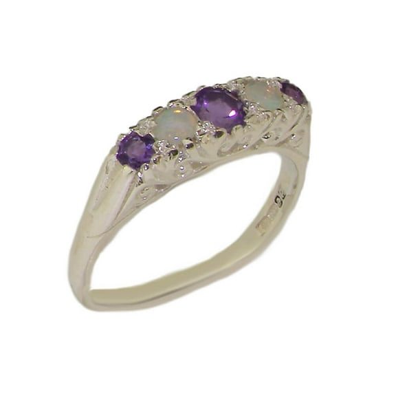 LBG British Made 9ct White Gold Natural Amethyst & Opal Womens Band Ring - 33 size options - Size 10