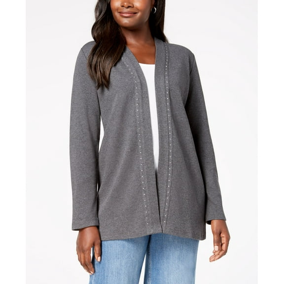 Karen Scott Cotton Studded Open Front Cardigan Charcoal Heather XS