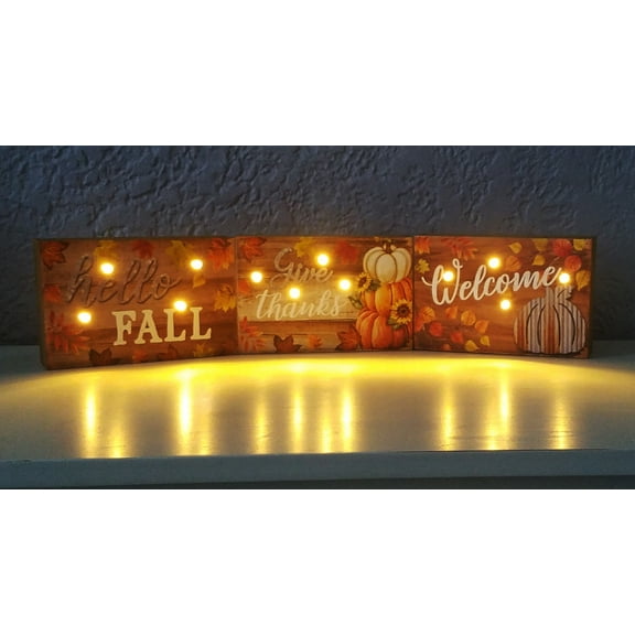 Wooden Blocks LED Lighted Auto Timer 3 Piece Welcome Fall Give Thanks Multi-Color SeasonsEasy