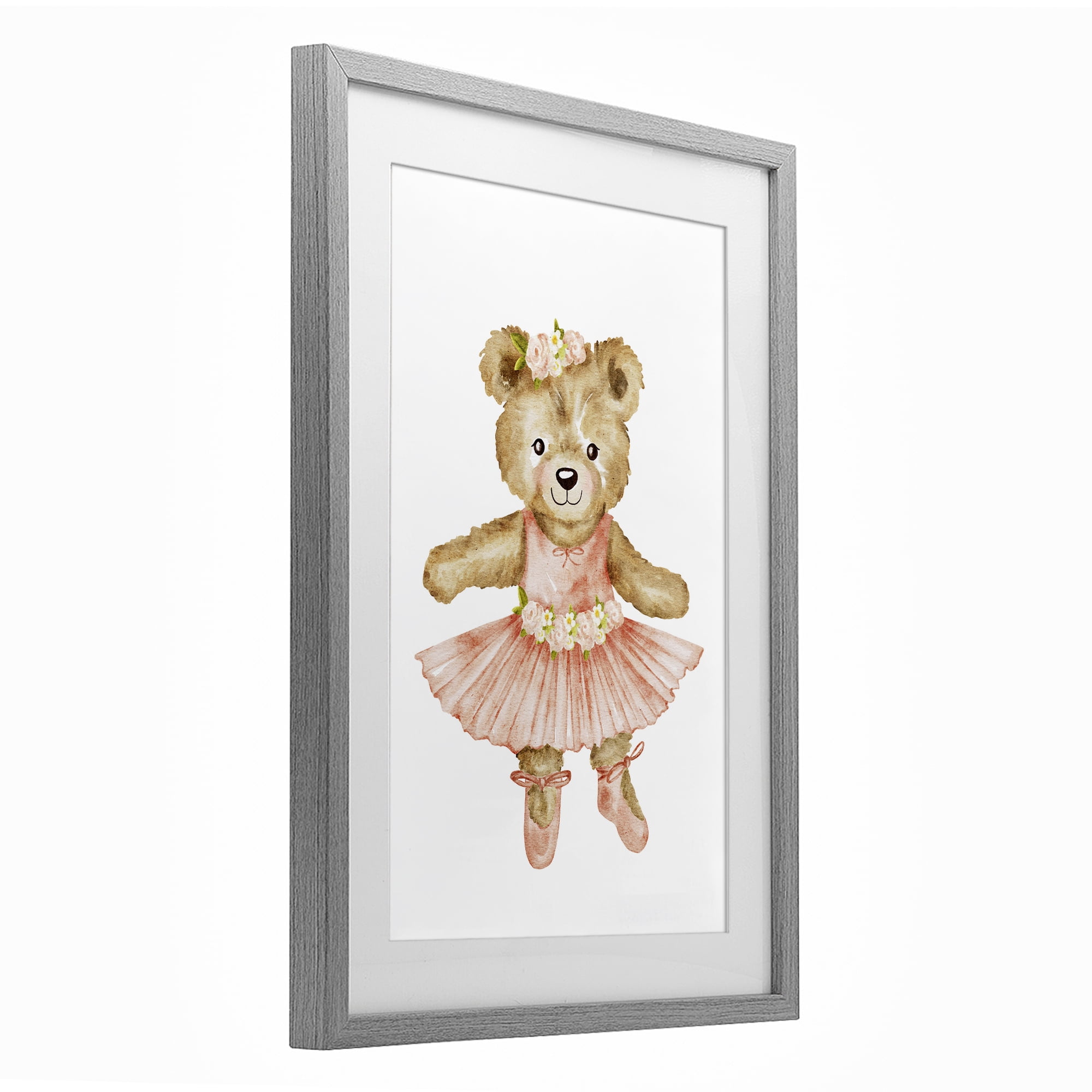 Floral Ballerina Teddy Bear Gray Framed Print Under Glass, design by Amy Hall