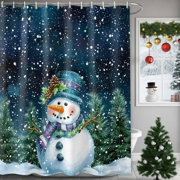 Dark Blue Shower Curtains for Bathroom, Christmas Cute Snowman Pine Tree Snowing Scene Waterproof Fabric Shower Curtain for Bathroom Bathtub Decoration, Machine Washable, 72"x72"