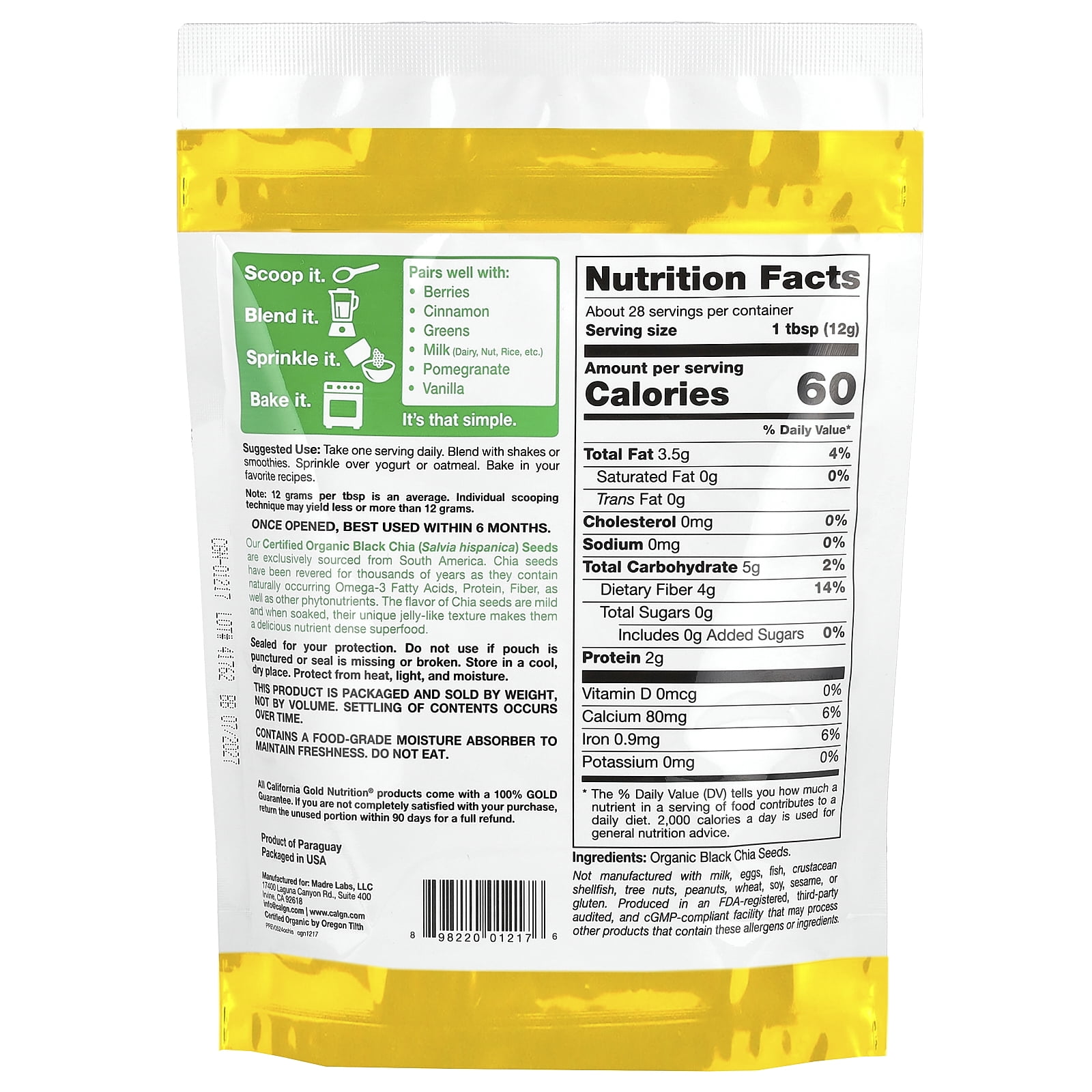 California Gold Nutrition Superfoods, Organic Chia Seeds, 12 oz (340 g)