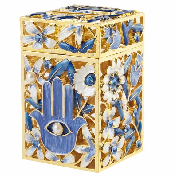 Matashi  Hand-Painted Enamel Tzedakah Charity Box Embellished w/ Crystals & a Hamsa Protects Against Evil Eye Motif Design