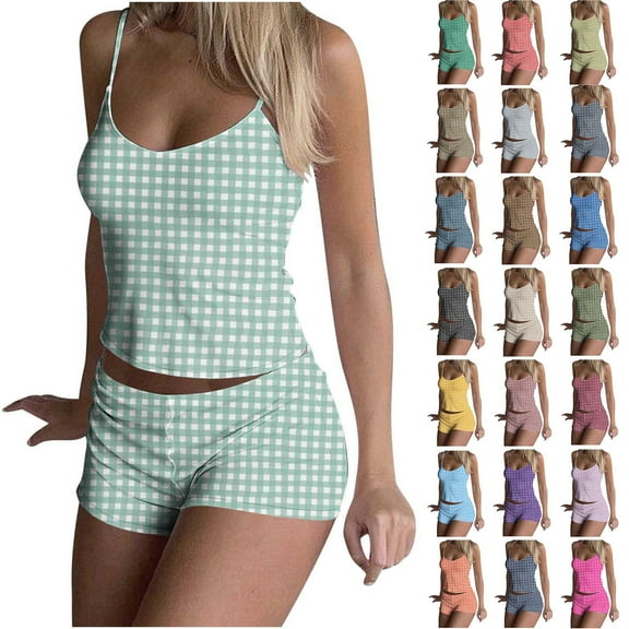Bovxnpu Pajamas for Women Set Loungewear Set, Women 2 Piece Pajamas Set Sleeveless Top and Shorts Camisole Shorts Pajamas Set Sleepwear Nightwear