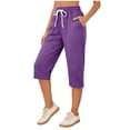 thumbnail image 5 of Women's Cotton Linen Drawstring Capris Shorts, Relaxed Fit with Pockets, Casual Solid Summer Bottoms for Walking, Travel, & Everyday | TruBelle,Purple 3XL, 5 of 8