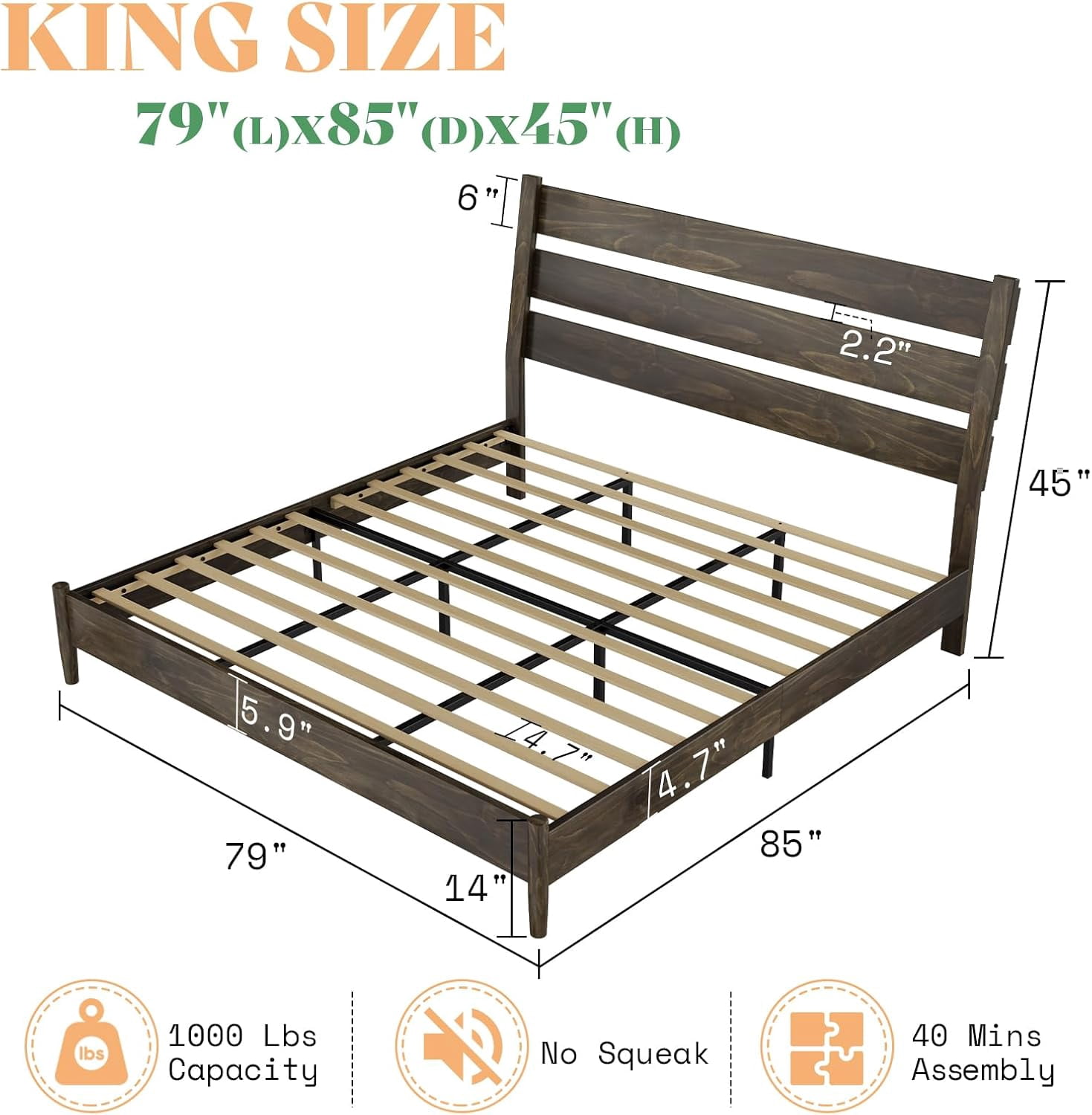 VanAcc Queen Size Solid Wood Bed Frame, Platform Beds with 45"H Headboard, Easy Assembly, Deep Brown