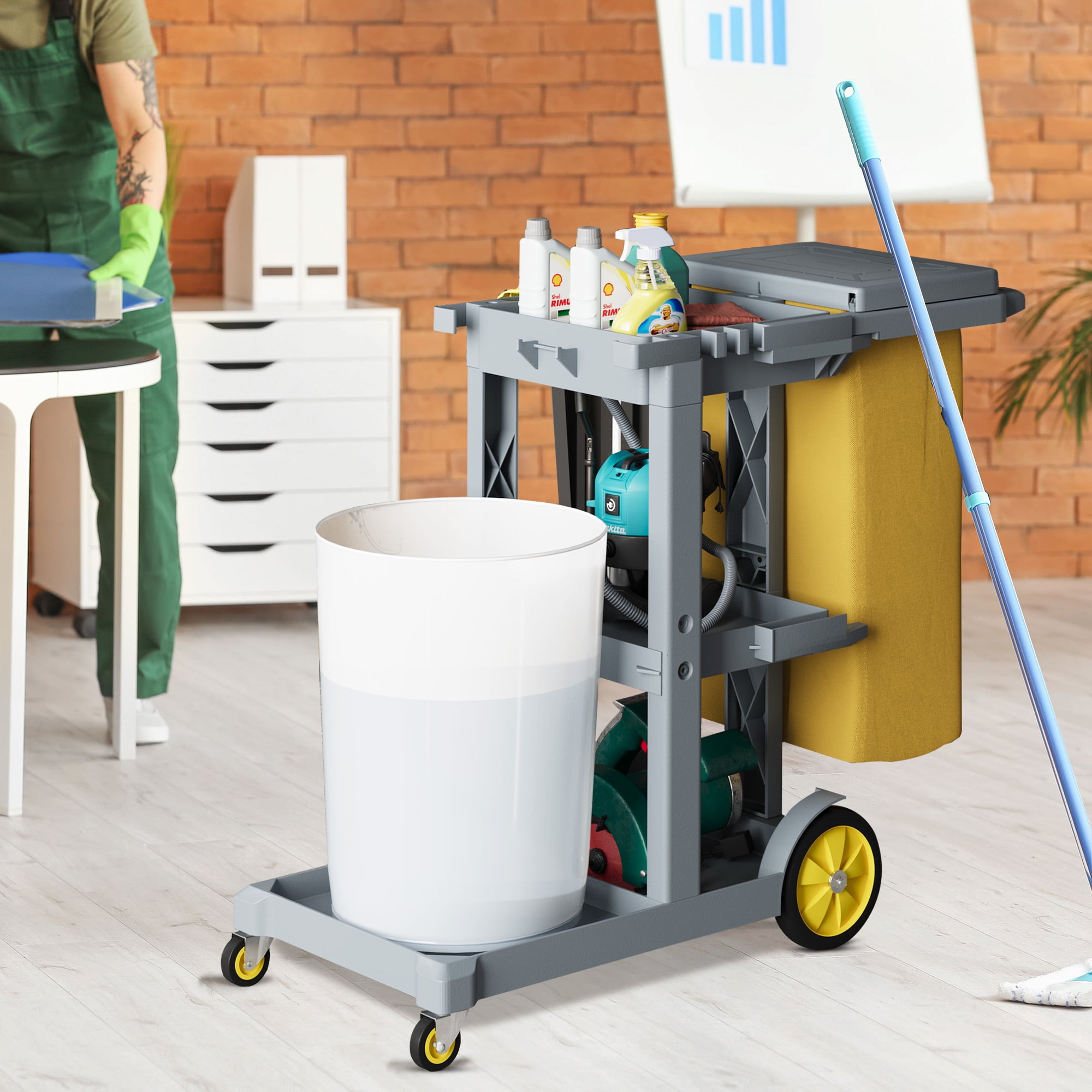 Dextrus Commercial Janitorial Trolley Cleaning Cart with 25-Gallon Bag & Cover - Efficient Housekeeping, Gray