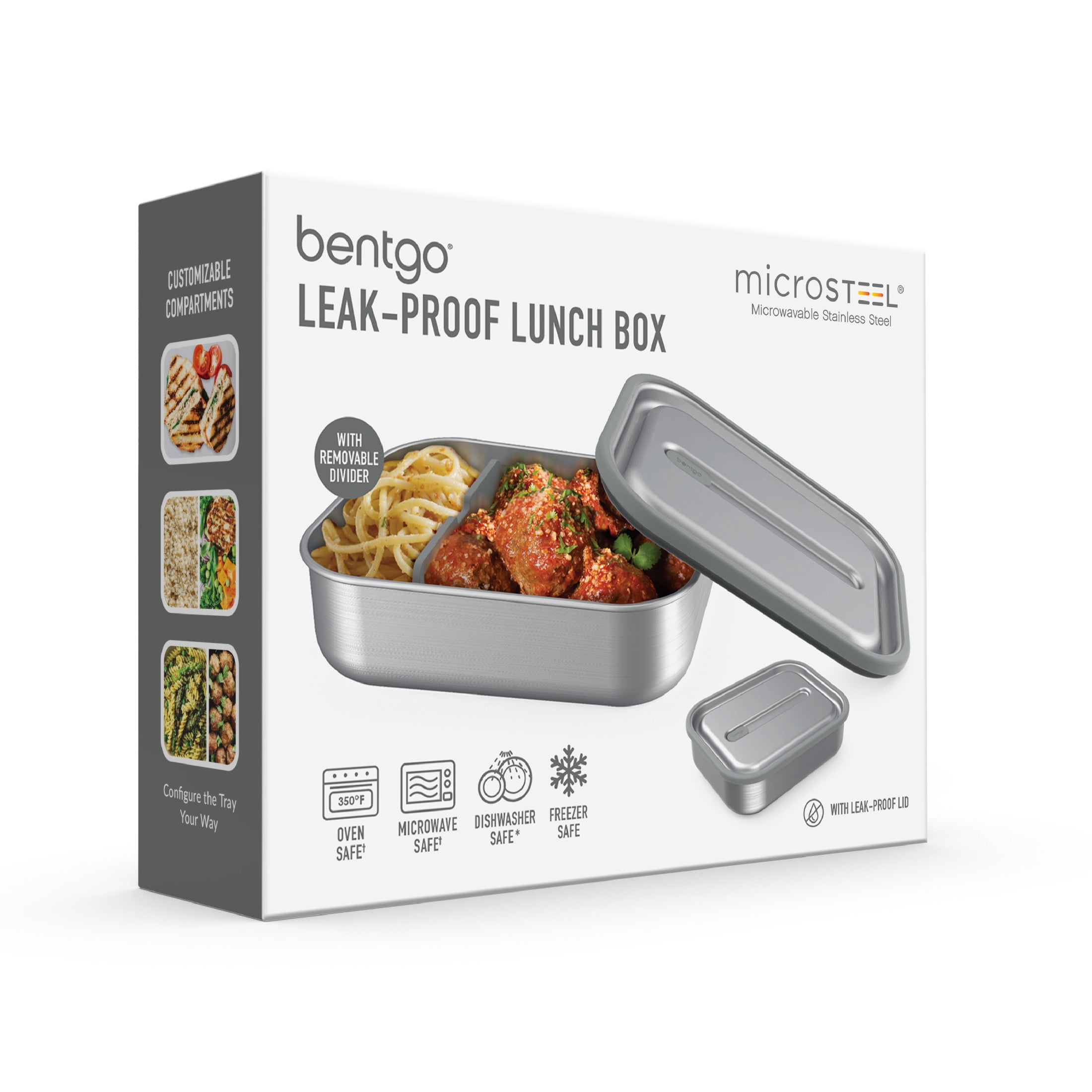 Bentgo MicroSteel Leak-Proof Lunch Box - Microwave-Safe, Oven-Safe, Bento-Style Container with Removable Divider, Airtight Lid, Sustainable Design, Odor & Stain Resistant (Stainless Steel)