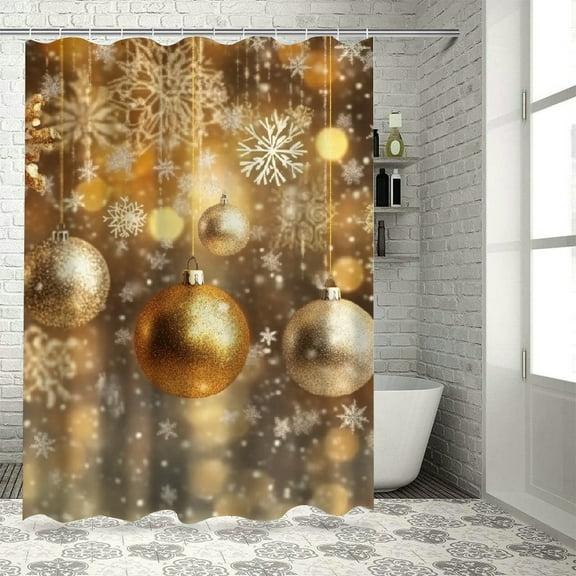 SHERONV Christmas Balls Snowflakes Gold Shower Curtain Set 100% Polyester Home Bathroom Decoration with Hooks 36"x72