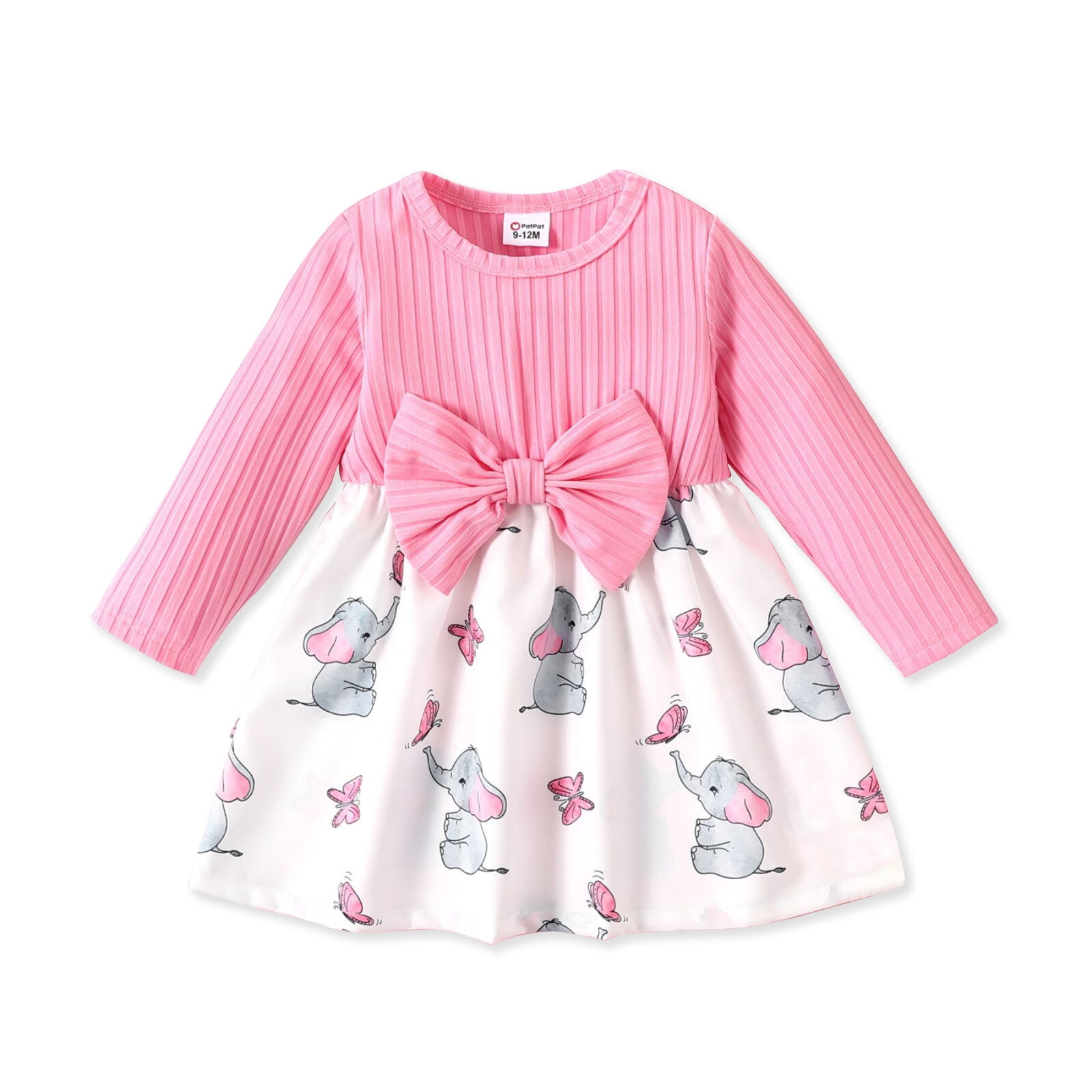 PatPat Baby Girl Splicing Print Longsleeve Dress,Round Neck Casual Tunic Dress Fall Outfit,324