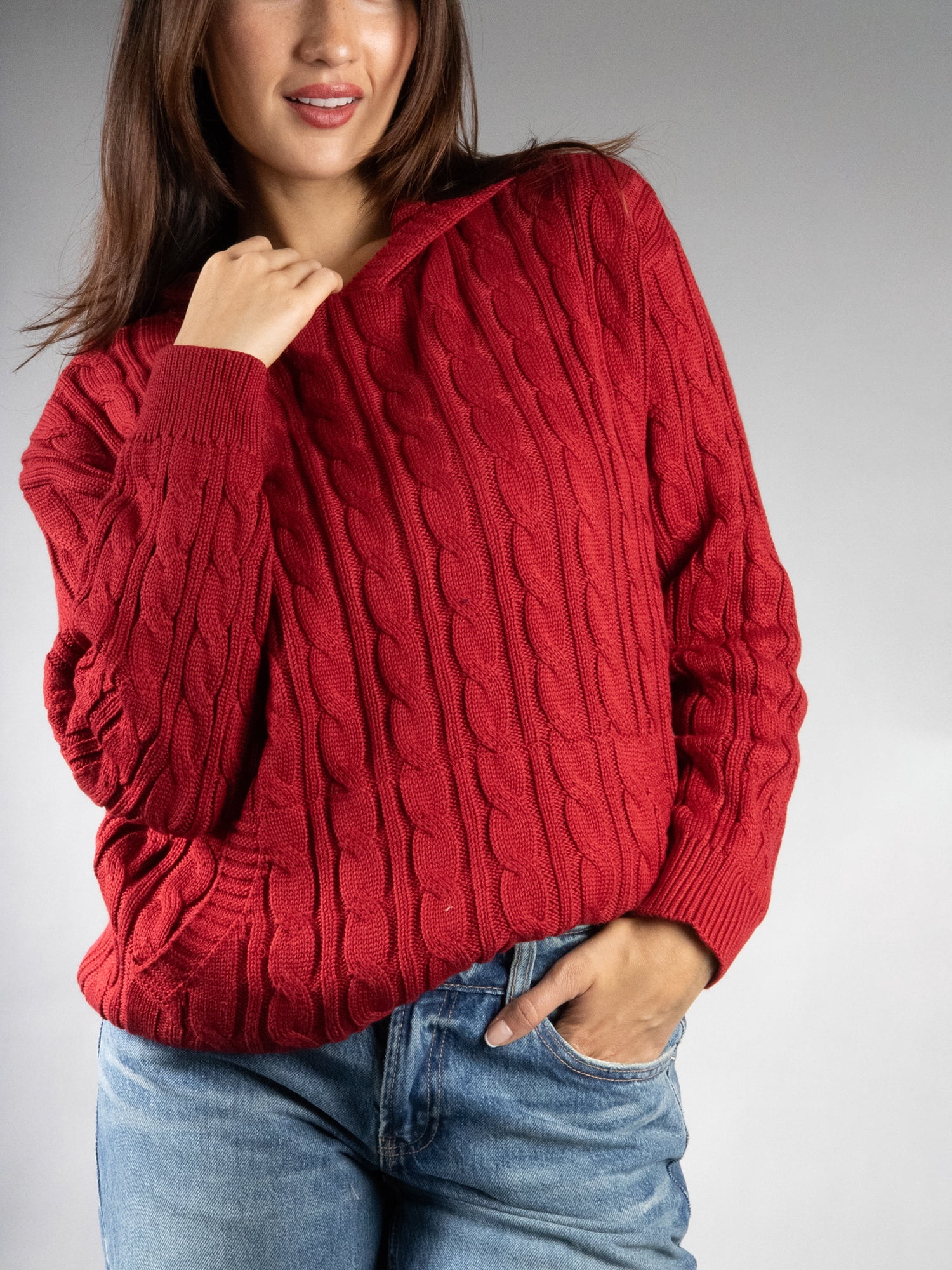DARING DIVA Women's Stylish Oversized Cable Knit Hooded Sweater S Red