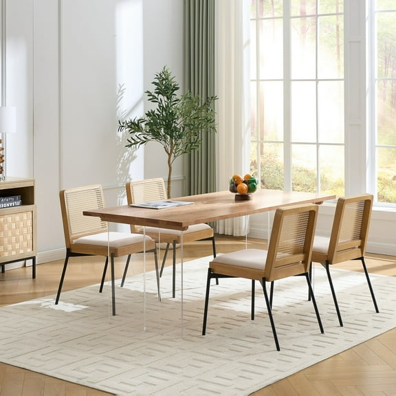 Set of 4 Mid-Century Dining Chairs, Accent Linen Fabric Side Chairs with Rattan Backrest Metal Legs Kitchen Chairs for Dining Room Living Room (Beige)