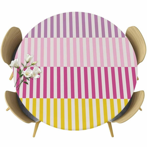 Colorful Stripe Round Tablecloth 55-60 Inch Round Fitted Table Cloth with Elastic Edge, Modern Pink Purple Yellow Vertical Striped Waterproof Table Cover Protector for Outdoor Picnic Party Dining