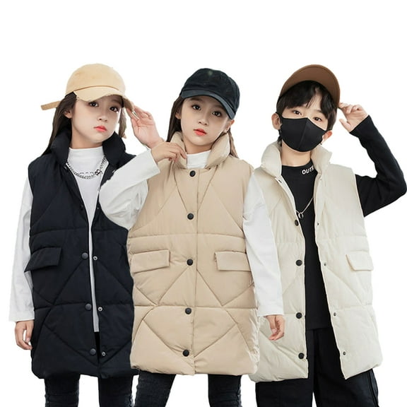 LYMAYTER 7-14 Years Boys Girls Winter down Vest Youth Puffer Mid-Length Warm Waistcoat for Kids Solid Color Sleeveless Jacket