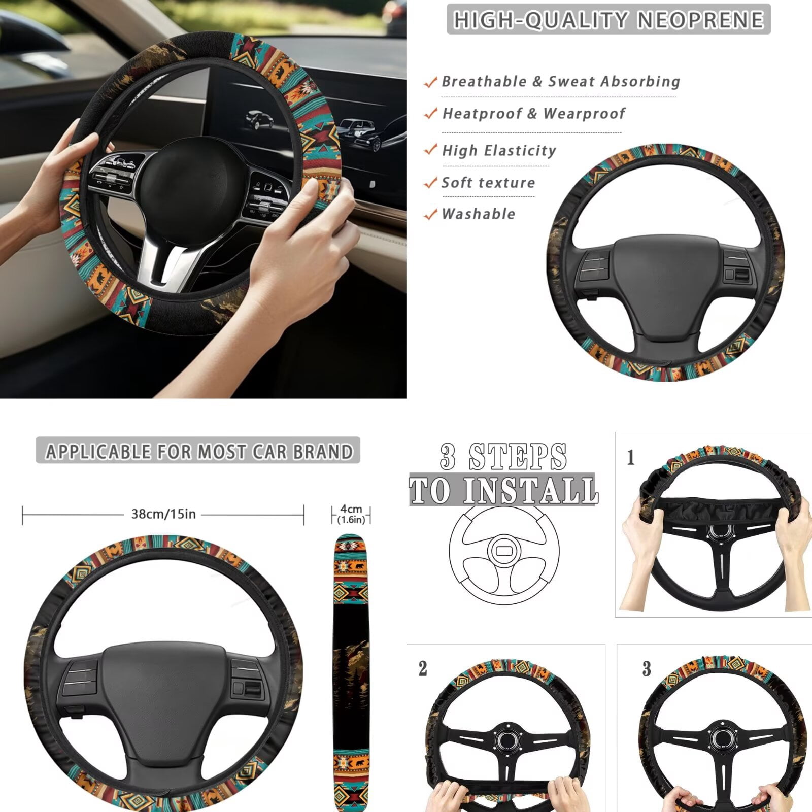 Jeiento 13 Pack Car Seat Cover Set for Front and Rear, Auto Interior Accessories Full Set for Women Men Southwest Aztec Bear Car Seat Protective Covers Fits for Cars, SUV, Truck, Sedan, Van