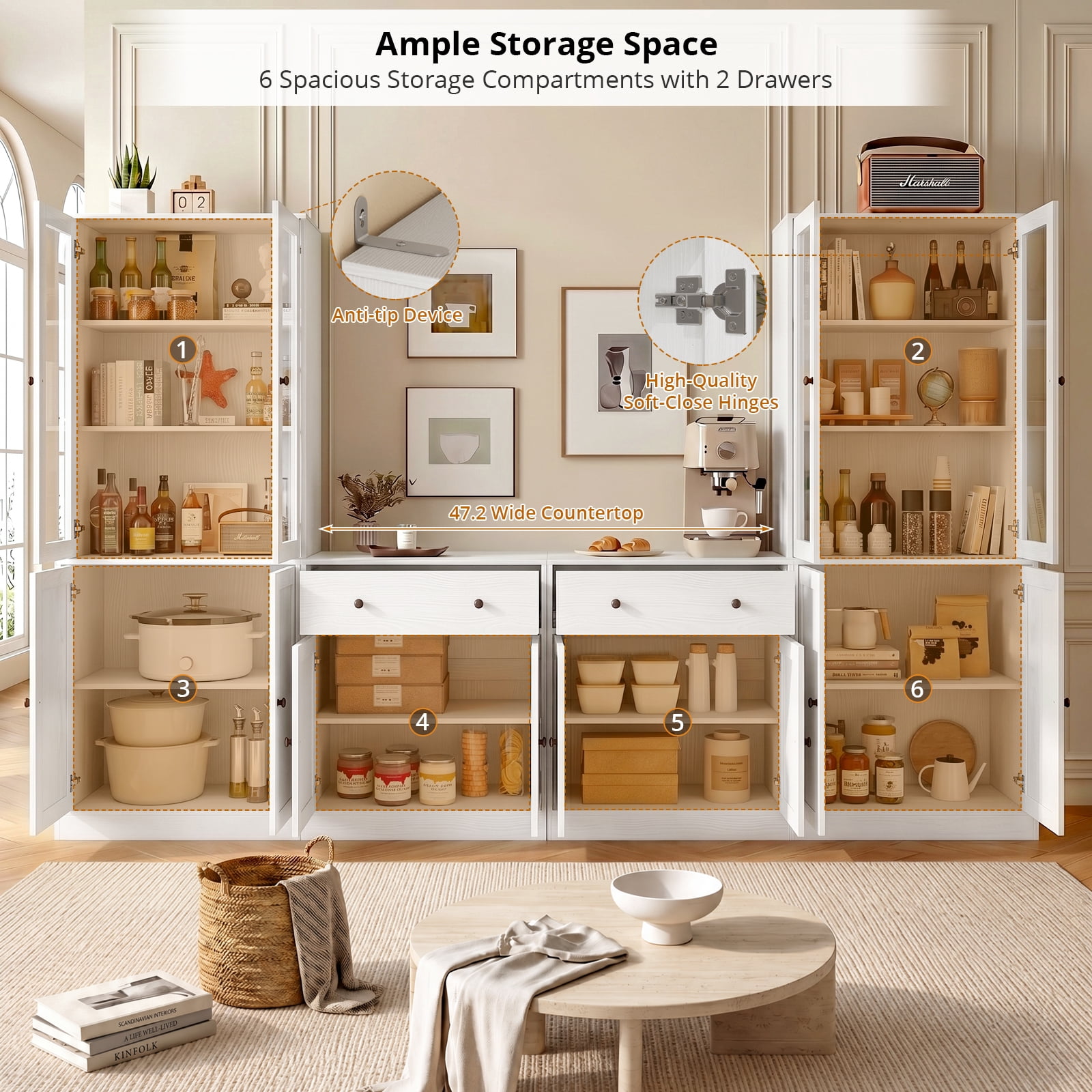 RichYa Kitchen Pantry Storage Cabinets,94.4''W Modular Furniture Cabinets with Hutch,Sideboard Buffet Cabinet with Doors and Shelves for Dining Room,Living Room,White