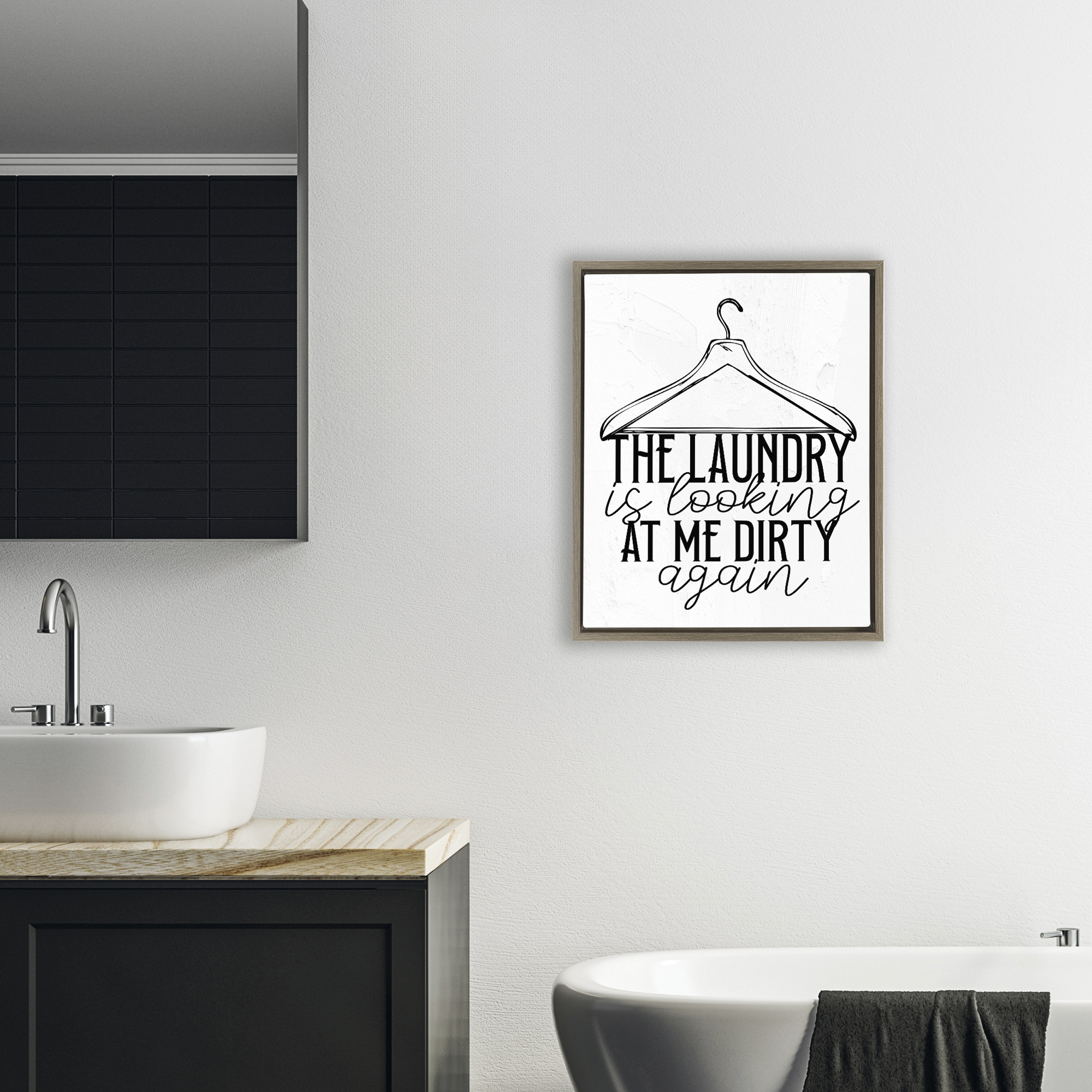 Laundry Is Looking At Me Dirty Brown Framed Floater Canvas Wall Art, design by Kim Allen