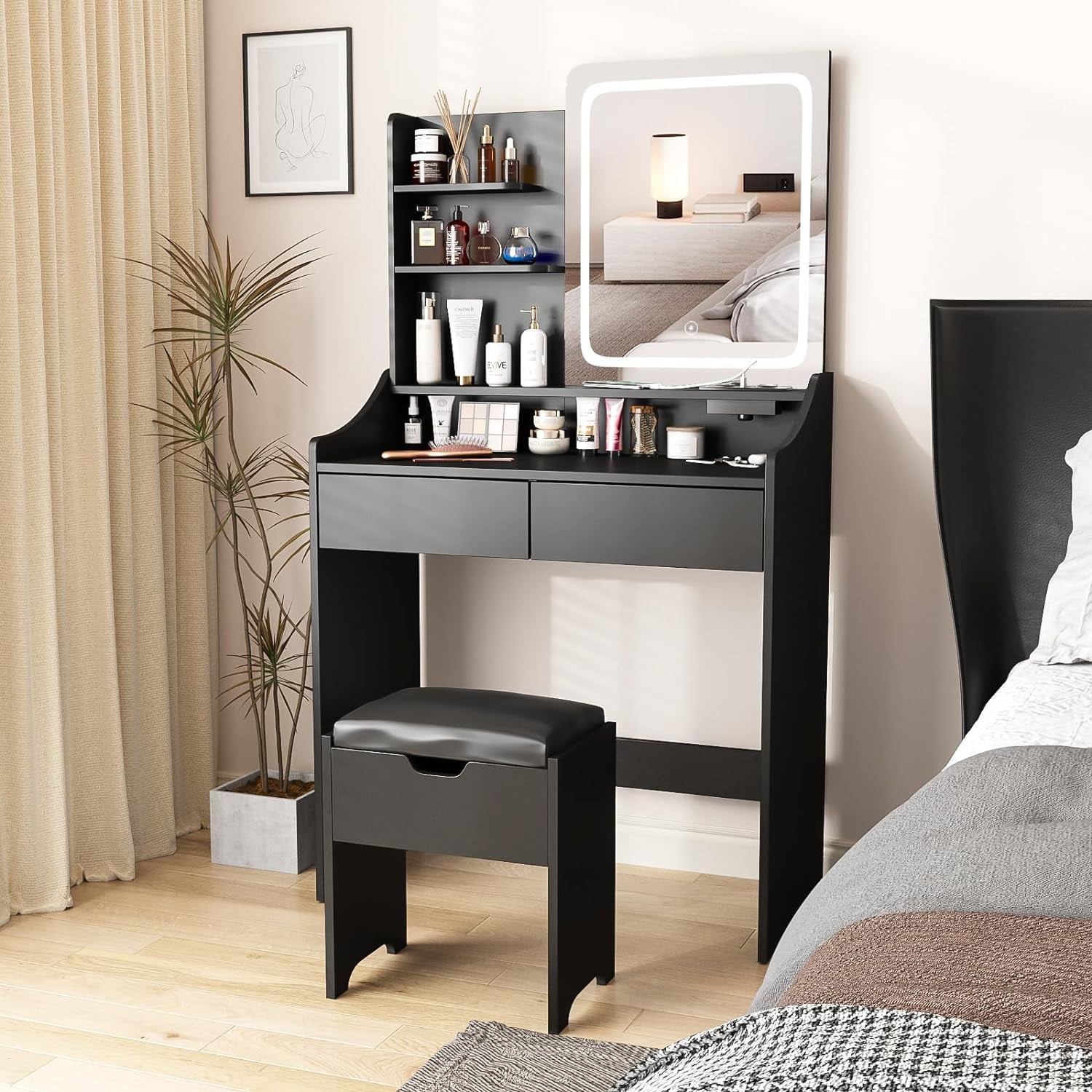 VEANERWOOD Makeup Vanity Set with Lights and Power Strip,Vanity Dressing Table with Drawers and Shelves for Bedroom,Black