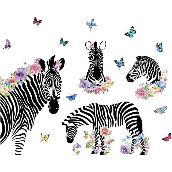 1set Zebra Wall Decals Flower and Animal Butterfly Large Wall Sticker DIY Peel and Stick Removable Murals Stickers for Nursery Room Decor