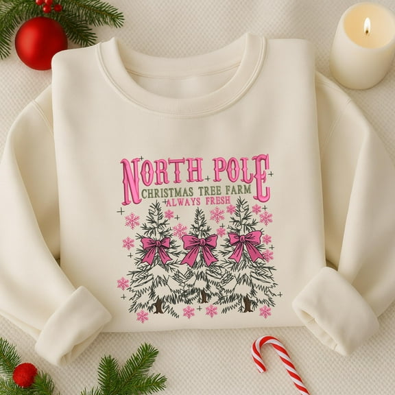 North Pole Christmas Tree Farm Always Fresh Embroidered Sweatshirt, Pink Christmas Embroidered Shirt, Merry Christmas Shirt