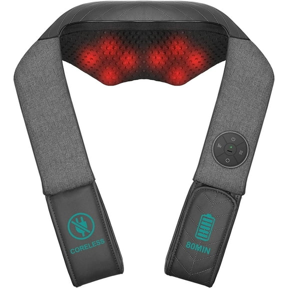 Nekteck Cordless Shiatsu Neck Massager with Heat for Pain Relief,Portable Massage Pillow - Gray
