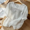 thumbnail image 3 of Spring Tops for Women Short Sleevet Shirts for Women Spring Summer 2025 Womens Solid Color Casual Loose Fashion T-Shirt V-Neck Embroidery Tops Cotton and Linen Blouse, 3 of 3
