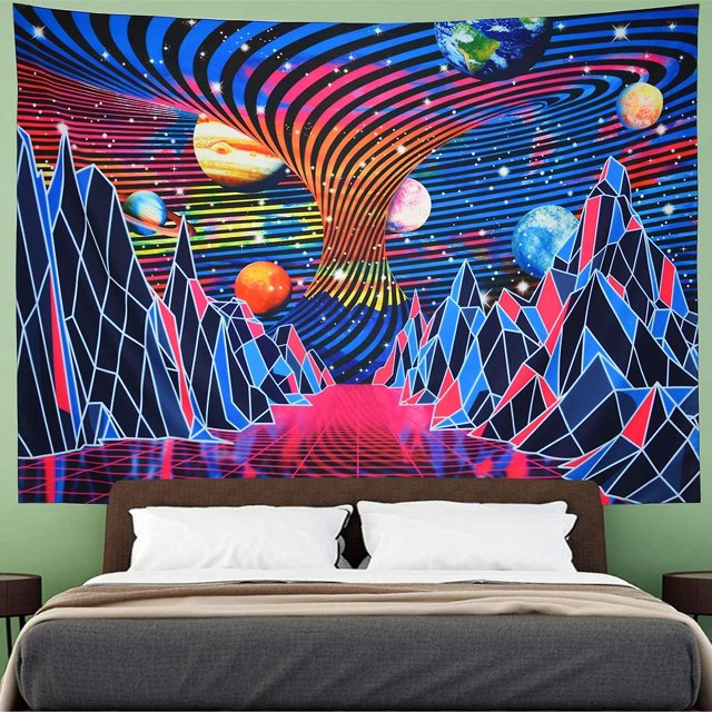 (Neón, M / 130x150cm)Tapiz de pared Planeta de montaña Tapiz de ondas de tornado Tapiz psicodélico de paisaje espacial abstracto retro Tapiz de galaxia para colgar en la pared L