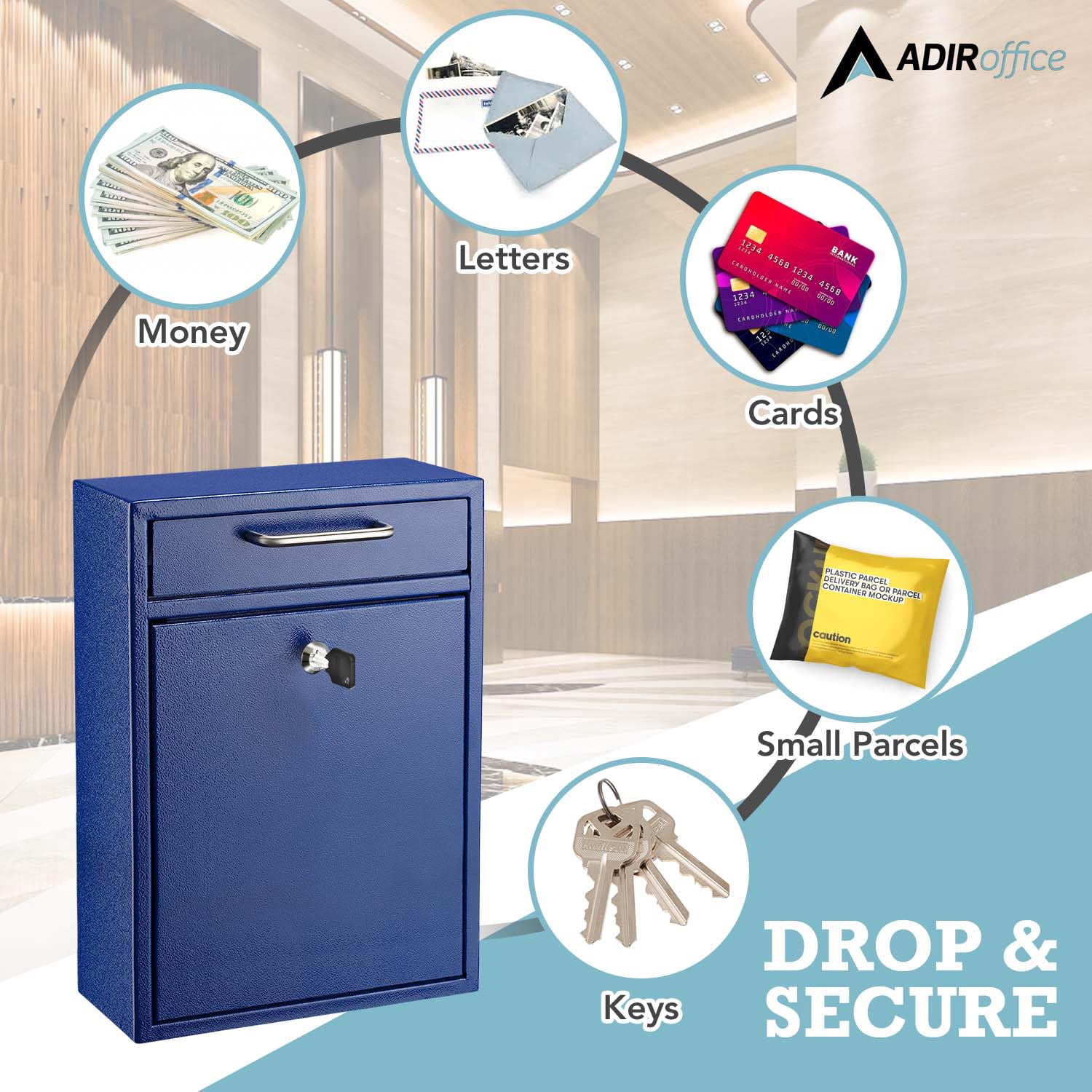 AdirOffice Wall Mount Mailbox - Mailbox with Lock and Keys- Durable Wall Mounted Locking Mailbox and Cash Drop Box for House, Apartments and Bussiness After Hours Deposits
