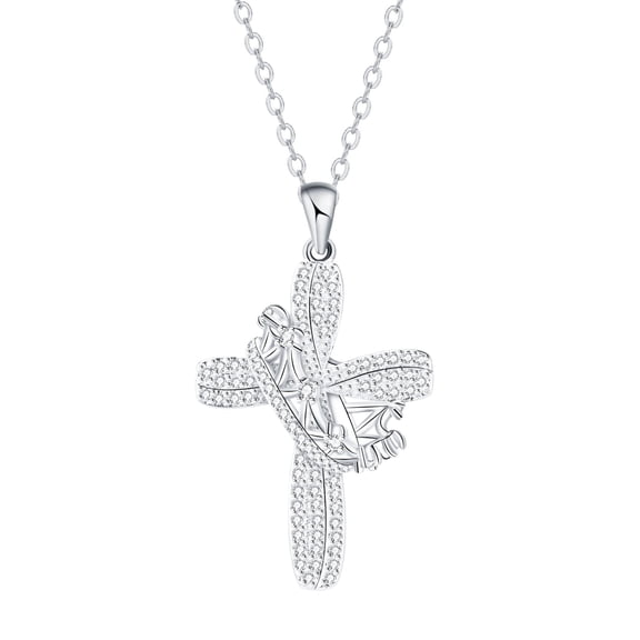 18K White Gold Plated Cross Necklace for Women, Cubic Zirconia Cross Pendant with Crown, Faith Jewelry Gifts