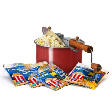 Original Whirley Pop Starter Pack - Wabash Valley Farms Popcorn Kit, Whirley Pop Popcorn Maker With 3 Movie Theater Popcorn Kits and 4 Movie Night Face Tubs, Gourmet Popcorn Gift Sets Metal Gear-Red