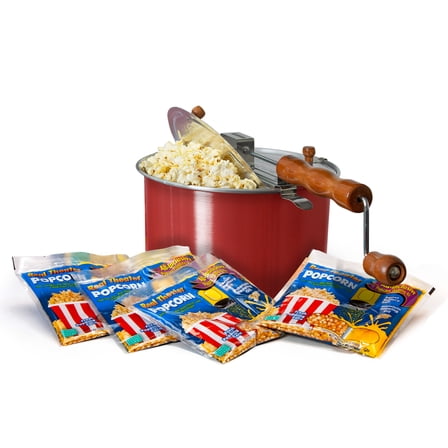 Original Whirley Pop Starter Pack - Wabash Valley Farms Popcorn Kit, Whirley Pop Popcorn Maker With 3 Movie Theater Popcorn Kits and 4 Movie Night Face Tubs, Gourmet Popcorn Gift Sets Metal Gear-Red