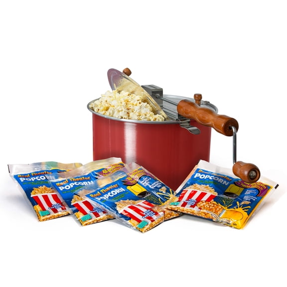 Original Whirley Pop Starter Pack - Wabash Valley Farms Popcorn Kit, Whirley Pop Popcorn Maker With 3 Movie Theater Popcorn Kits and 4 Movie Night Face Tubs, Gourmet Popcorn Gift Sets Metal Gear-Red