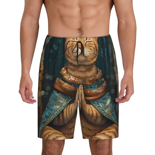 Balery Surreal Meditating Cat Pantalones cortos de pijama de punto de algodón para hombre con cinturilla y bolsillos-4X-Large