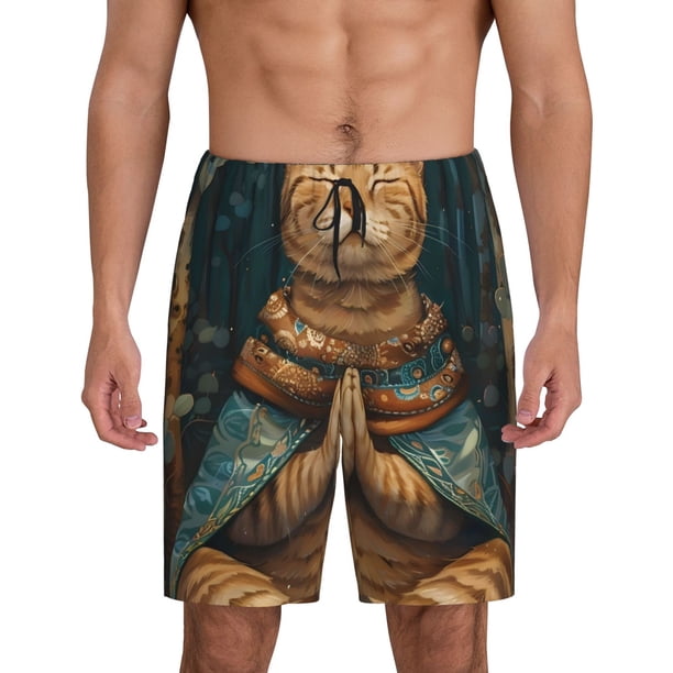 Fotbe Surreal Meditating Cat Pantalones Cortos de Pijama para Hombre, Ropa de Dormir, Pantalones de Pijama Cortos para Hombre-4X-Large