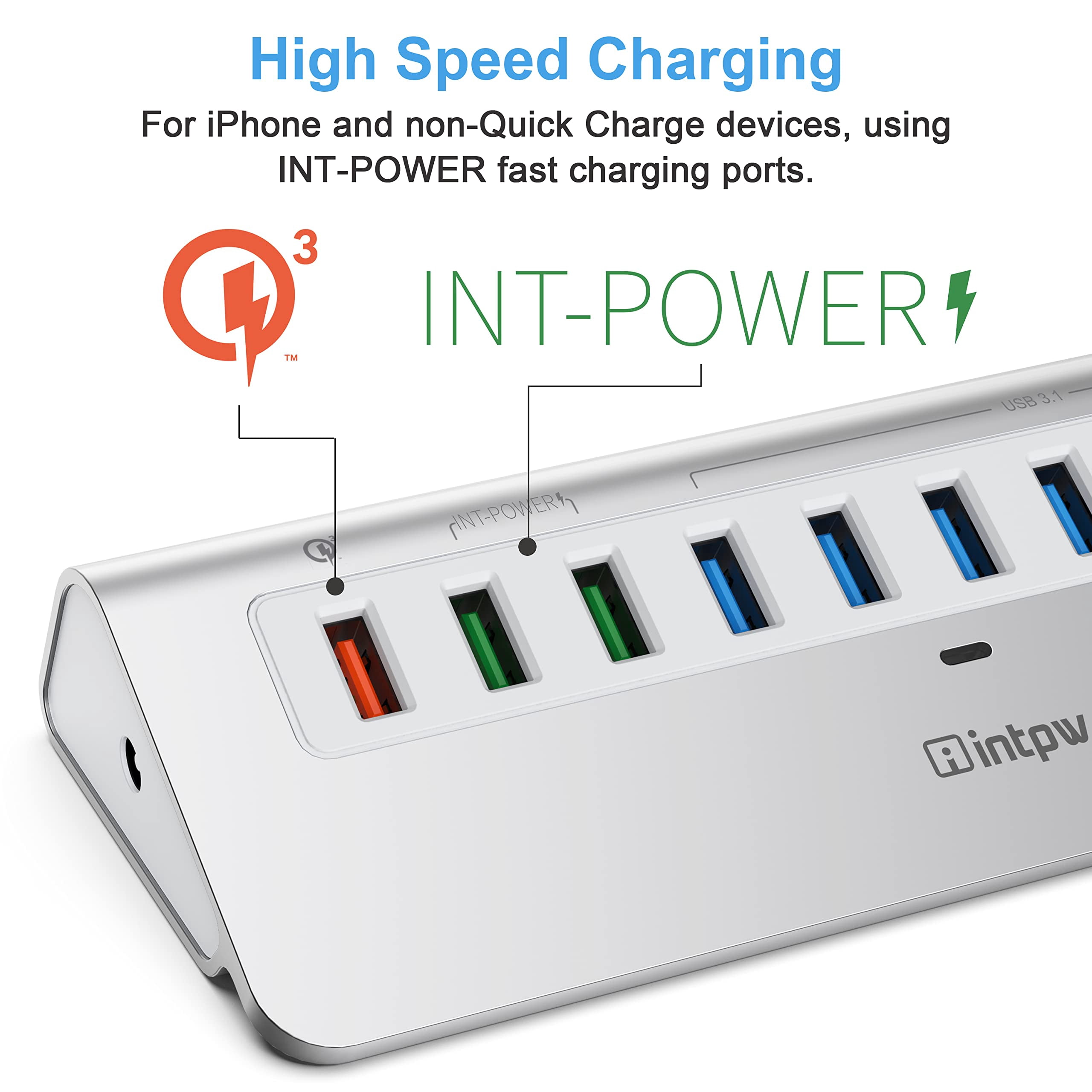 INTPW Powered USB C Hub for Laptop, 10-Port USB Hub with 10Gbps Data Transfer, 7 USB-A and 3 USB-C Ports, Ergonomic 32° Design
